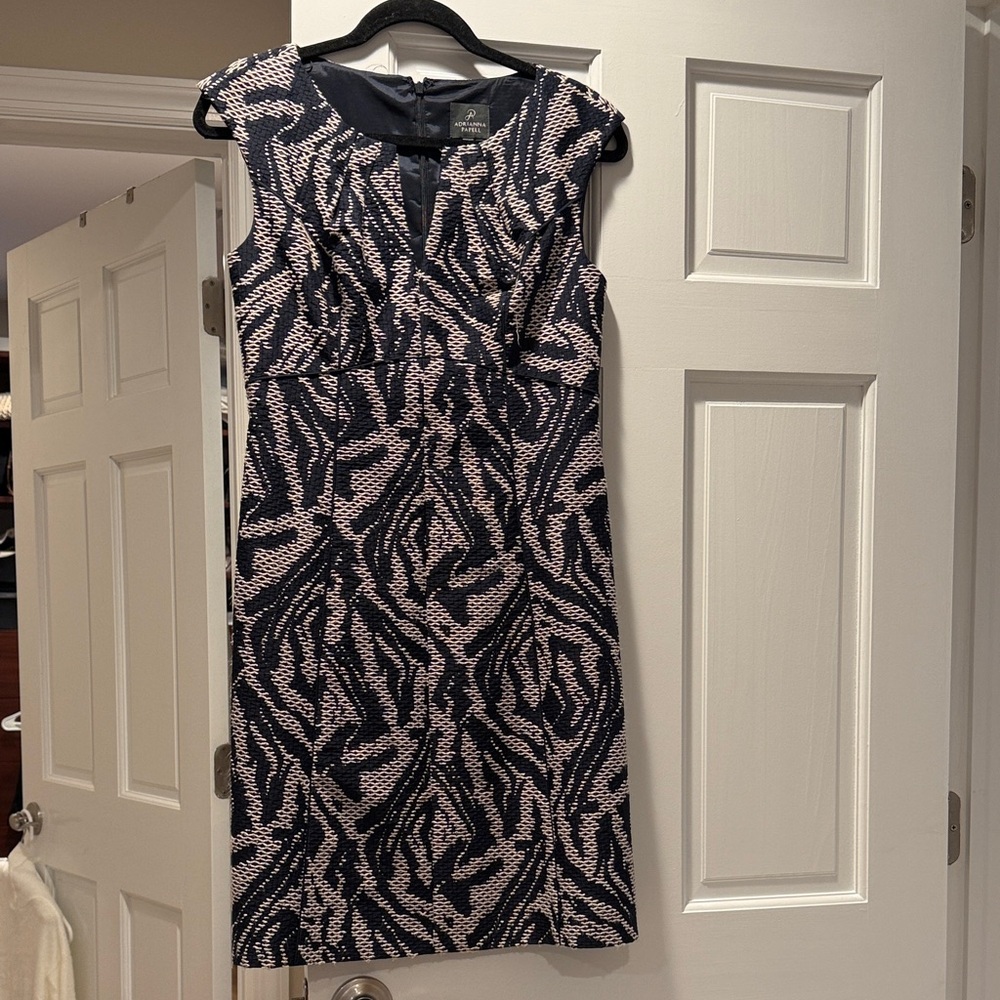 Adrianna Papell Navy and tan Patterned Cap-Sleeve Dress (knee length)